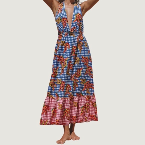 FARM Rio Dresses & Skirts - Farm Rio x Anthropologie Banana Vichy Gingham Tiered Halter Midi Dress Pink L